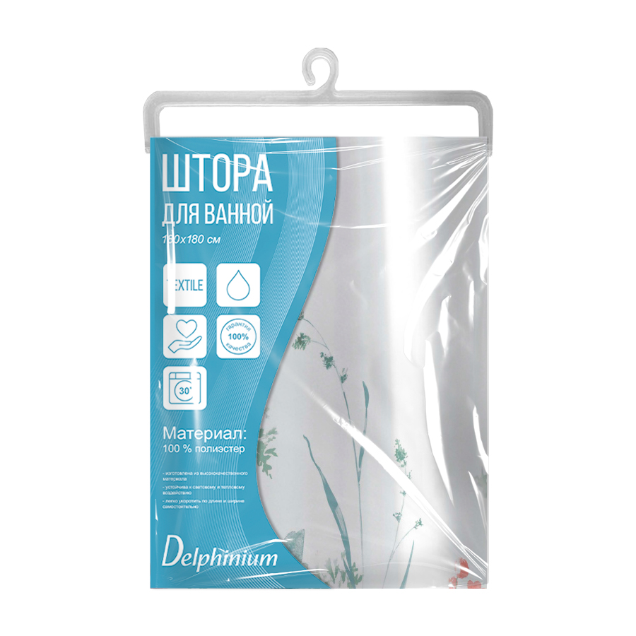 Штора для ванной Delphinium "Лиана" полиэстер 180х180см, 12 колец