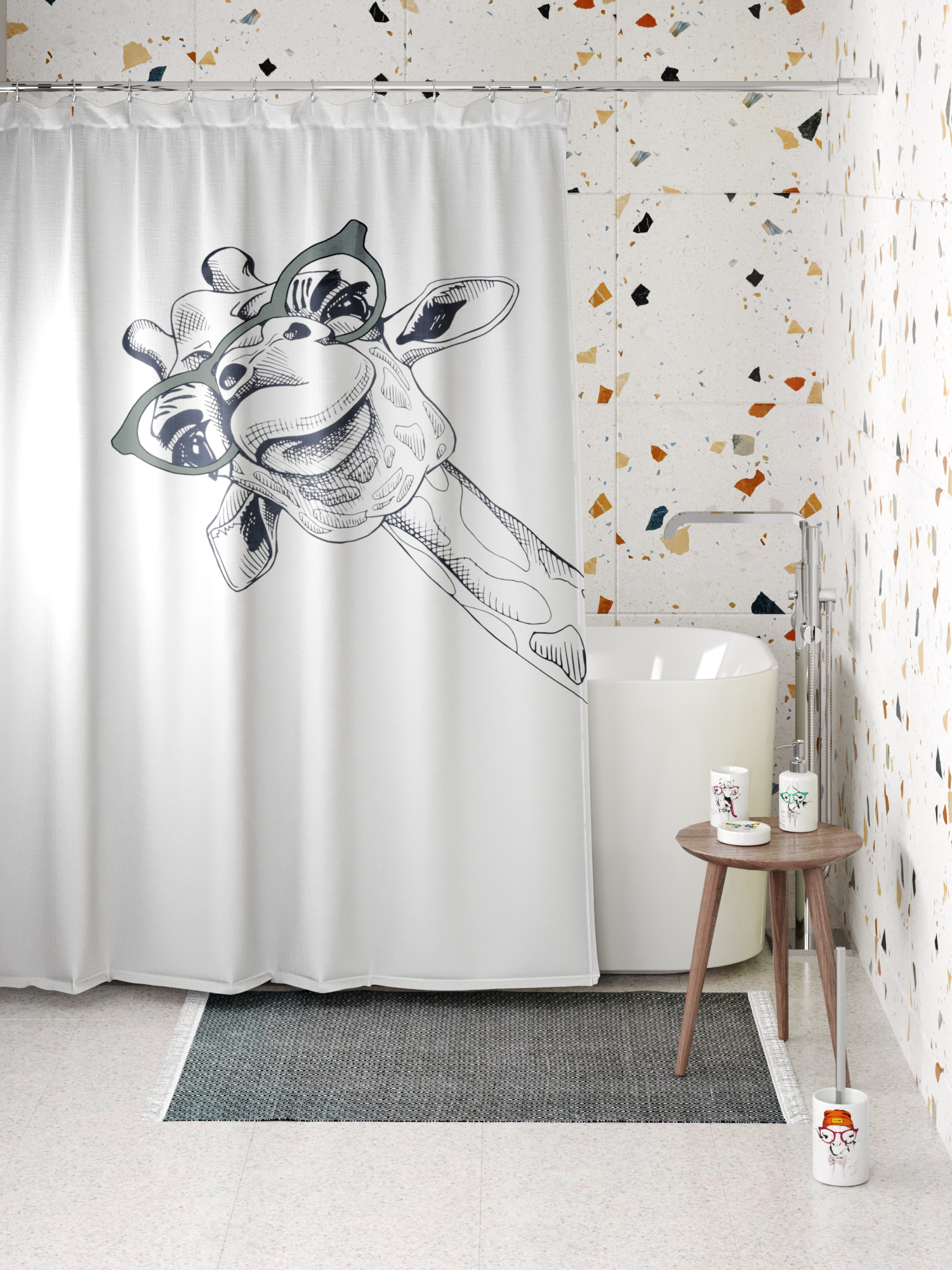 Штора для ванной Zenfort "Жираф" (Happy giraffe) полиэстер, 180х200см, белая